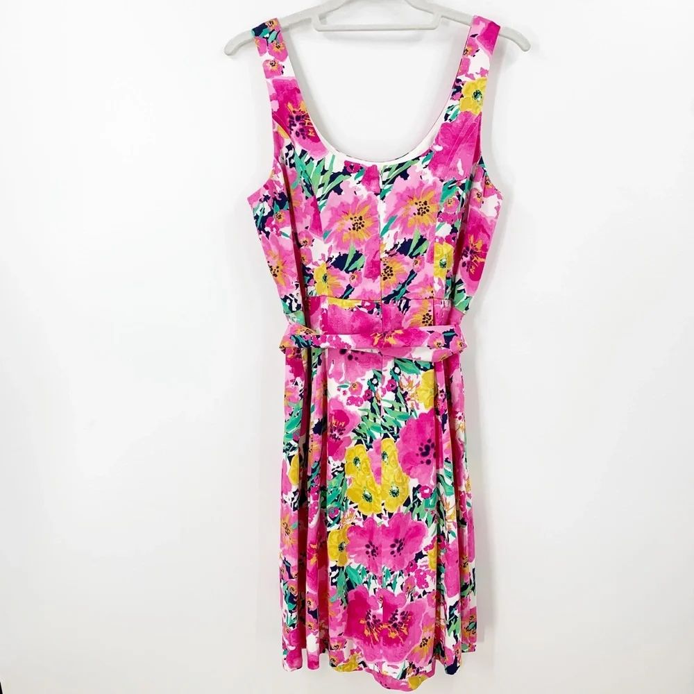 Ann Klein Bright Pink Floral Tie Belt Fit and Flare Dress Retro Style Sz 4